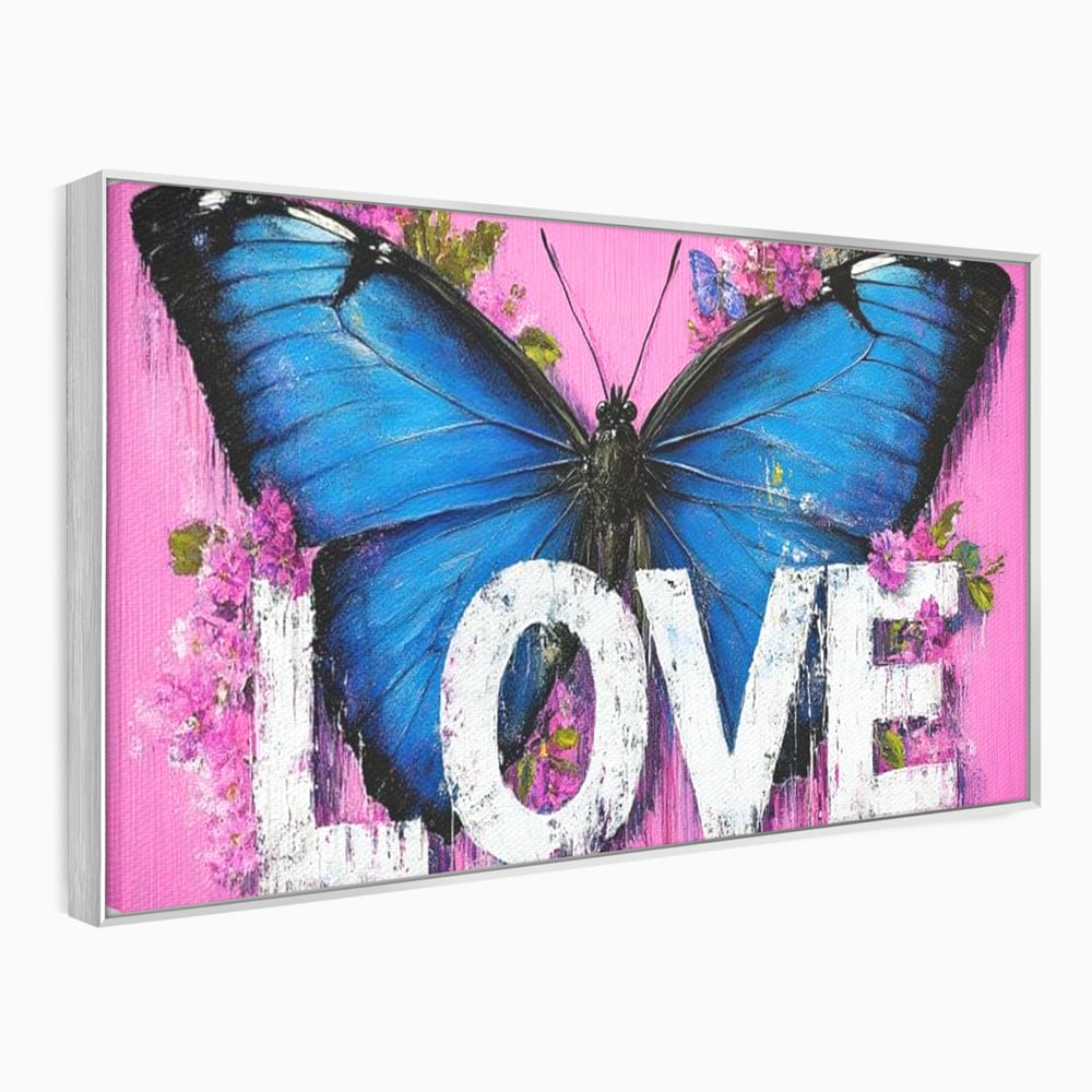 Tablou canvas cu tablou canvas cu fluture albastru, in rama de aluminiu argintiu